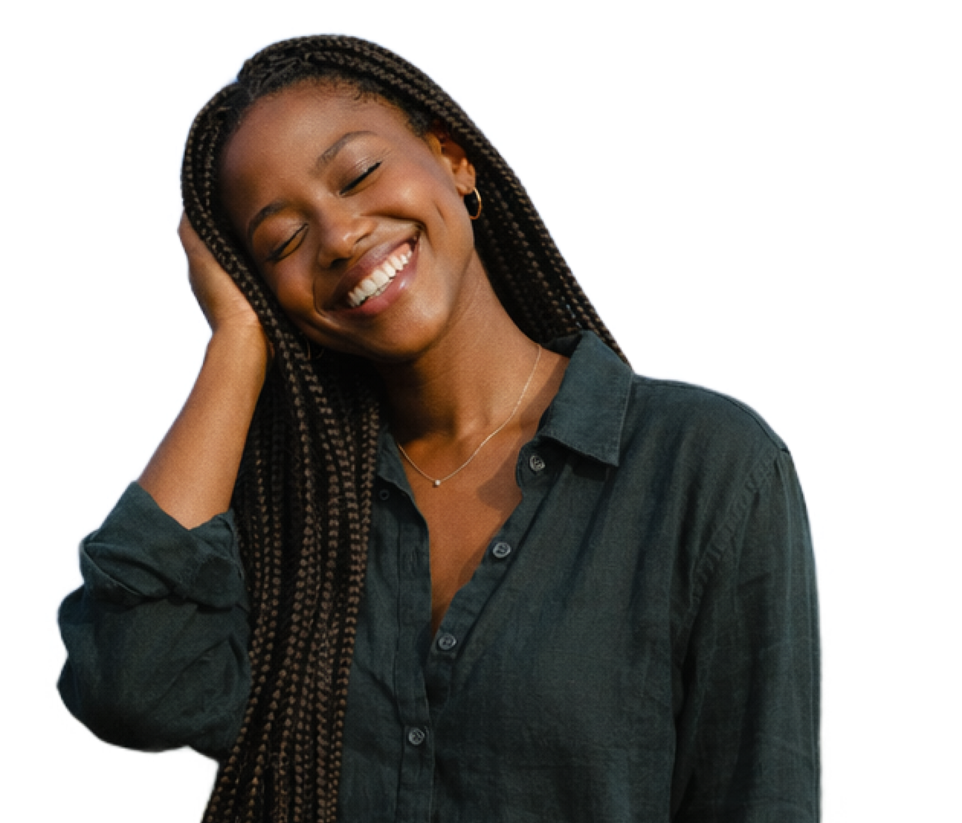 Smiling woman showcasing Meridon wellness products